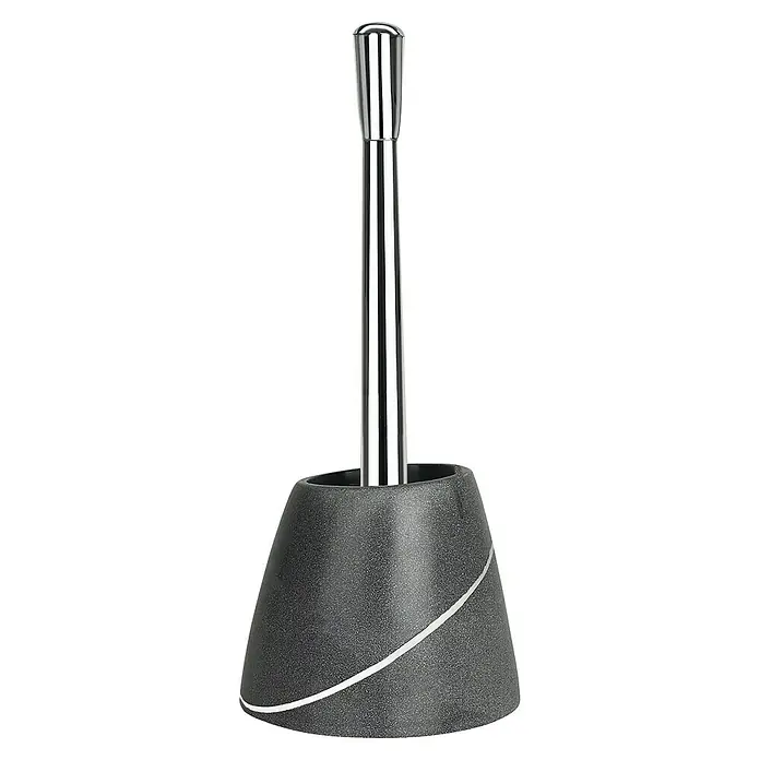 Spirella WC-Bürstengarnitur Etna - 13 x 17 x 38 cm, Kunststoff, Grau - Nahaufnahme einer Toilettenbürste mit Halter in Grau und Silber. Die elegante Form und die hochwertigen Materialien machen sie zu einem Hingucker.