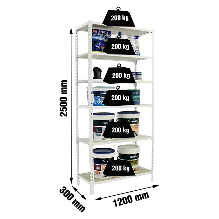 Simonrack Maderclick Estantería metálica Megaplus - Al x An x Pr: 250 x 120 x 30 cm, Capacidad de carga por balda: 200 kg, Número de baldas: 6 ud., Inserción, Blanco/Madera - Estantería metálica blanca con 6 baldas, dimensiones 2500x1200x300mm, cada balda soporta 200 kg.