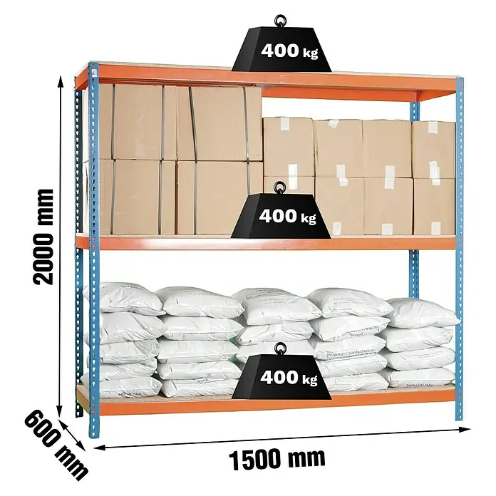 Simonrack Ecoforte Schwerlastregal Chipboard - H x B x T: 200 x 150 x 60 cm, Traglast pro Boden: 400 kg, Anzahl Böden: 3 Stk., Stecken, Blau/Orange - Abbildung eines Metallregals mit zwei Ebenen, auf denen Kartons und Säcke platziert sind, die jeweils mit 400 kg belastet sind.