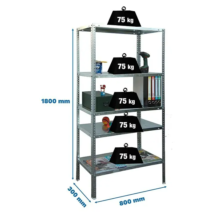Simonrack Simonclassic Metallregal Advantage Mini - H x B x T: 180 x 80 x 30 cm, Traglast pro Boden: 75 kg, Anzahl Böden: 5 Stk., Schrauben, Silber - Ein robustes Metallregal mit fünf Ebenen, beladen mit Gewichten, das seine Stabilität und Tragfähigkeit demonstriert.