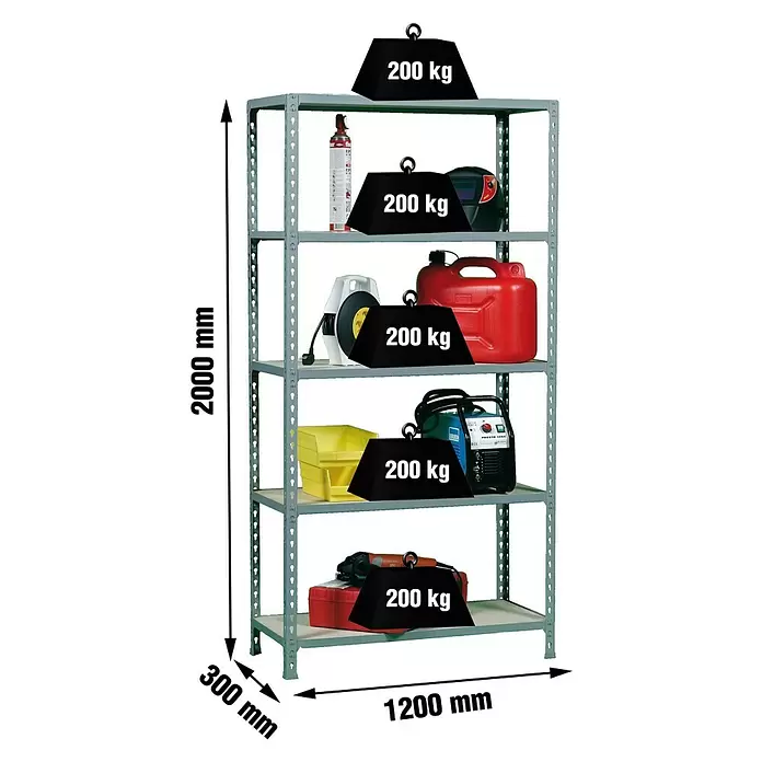 Simonrack Maderclick Estantería metálica Megaplus - Al x An x Pr: 200 x 120 x 30 cm, Capacidad de carga por balda: 200 kg, Número de baldas: 5 ud., Inserción, Gris/Madera - Estantería metálica gris de cinco niveles, 2000x1200x300 mm, soporta 200 kg por balda, ideal para almacenamiento pesado.