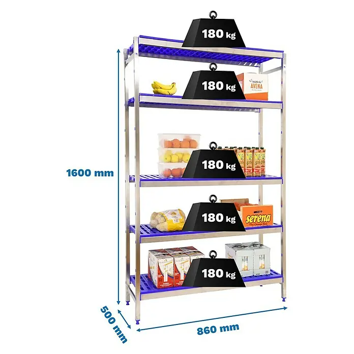 Simonrack Simoninox Metallregal Grundelement - H x B x T: 160 x 86 x 50 cm, Traglast pro Boden: 180 kg, Anzahl Böden: 5 Stk., Stecken, Material Boden: Kunststoff - Abbildung eines belastbaren Regals mit fünf Ebenen, das mit verschiedenen Lebensmitteln und einer Gewichtsangabe von 180 kg pro Ebene beladen ist.