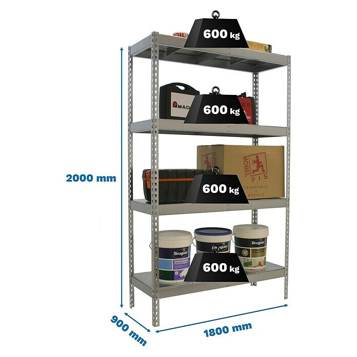Simonrack Simontaller Metall-Schwerlastregal (L x B x H: 90 x 180 x 200 cm, Traglast: 600 kg/Boden, Anzahl Böden: 4 Stk.)