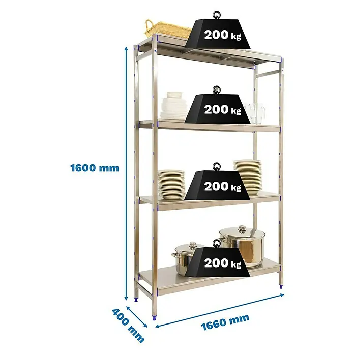 Simonrack Simoninox Metallregal Grundelement - H x B x T: 160 x 166 x 40 cm, Traglast pro Boden: 200 kg, Anzahl Böden: 4 Stk., Stecken, Material Boden: Edelstahl - Bild eines robusten Edelstahlregals mit vier Ebenen, jede belastbar bis 200 kg, ideal für Gastronomie oder Lagerung.