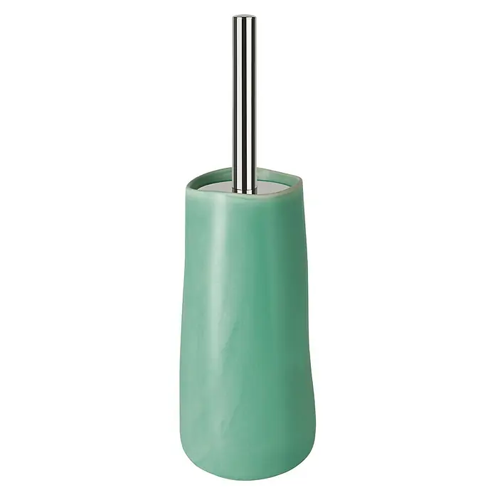 Spirella WC-Bürstengarnitur Sina - Höhe: 39,7 cm, Keramik, Grün - Ein mintgrüner WC-Bürstenhalter mit einem schlanken, silberfarbenen Griff, der eine elegante Badezimmerergänzung darstellt. Die Oberfläche ist glatt und reflektierend.