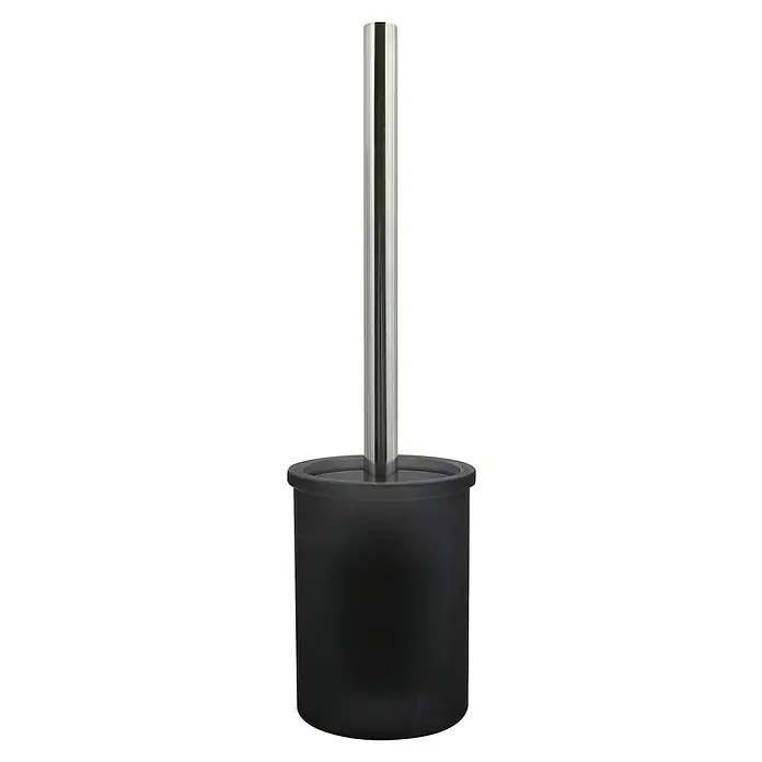 Spirella Yoko Bürstenbehälter - L x B x H: 10,3 x 10 x 38 cm, Glas, Grau - Aufnahme eines modernen WC-Garnitur-Sets, das ein schlankes, schwarzes Behältnis mit einem Griff aus gebürstetem Nickel kombiniert.