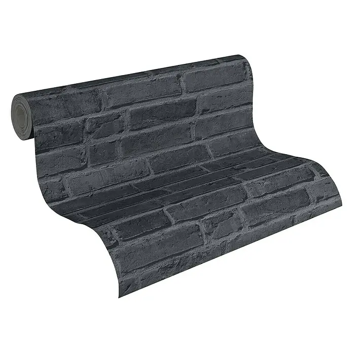 A.S. Création Vliestapete Cocktail 2 - Grau/Schwarz, Steinoptik, 10,05 x 0,53 m - Ein Rolle mit dunkler Backsteintapete, die eine realistische Mauerwerksoptik für ein modernes, industrielles Ambiente bietet.