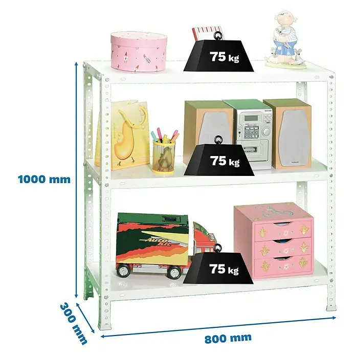 Simonrack Simonclassic Metallregal Advantage Mini - H x B x T: 100 x 80 x 30 cm, Traglast pro Boden: 75 kg, Anzahl Böden: 3 Stk., Schrauben, Weiß - Regal mit drei Ablagen, das mit einer Traglast von 75 kg pro Ablage belastbar ist, ideal für Lagerung und Ordnung.