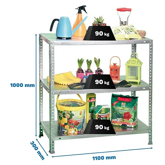 Simonrack Simonclassic Metallregal Comfort Plus - H x B x T: 200 x 100 x 30 cm, Traglast pro Boden: 100 kg, Anzahl Böden: 3 Stk., Schrauben, Silber - Abbildung eines verzinkten Metallregals mit drei Ebenen, das mit Gartengeräten und Gewichten zur Darstellung der Tragfähigkeit beladen ist.