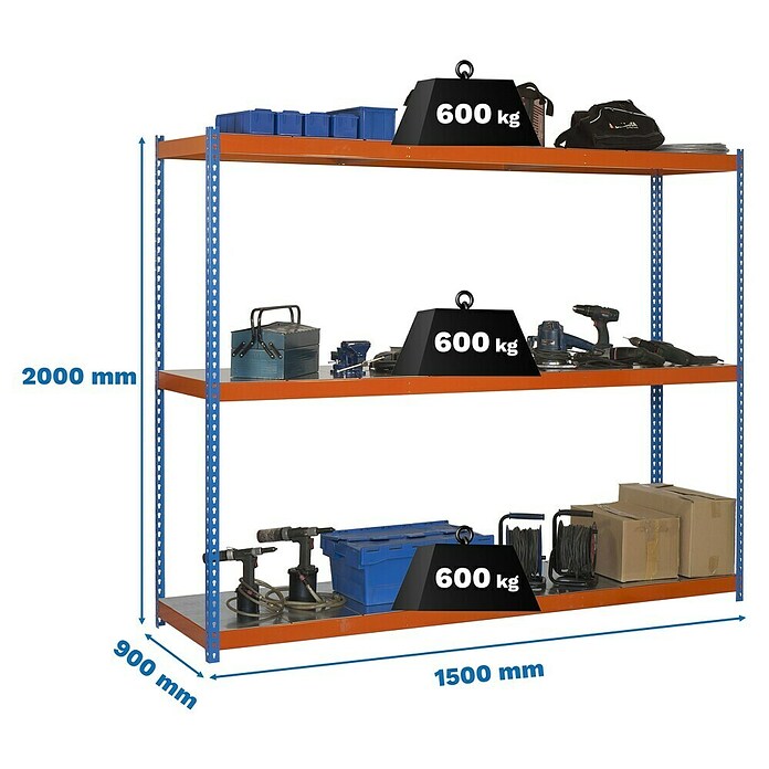 Simonrack Simontaller Metall-Schwerlastregal (L x B x H: 90 x 150 x 200 cm, Traglast: 600 kg/Boden, Anzahl Böden: 3 Stk.)