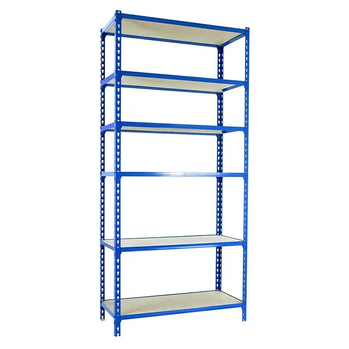 Simonrack Maderclick Metallregal Maderclick SuperPlus - H x B x T: 250 x 110 x 30 cm, Traglast pro Boden: 200 kg, Anzahl Böden: 6 Stk., Stecken, Blau - Ein blaues Metallregal mit fünf Holzregalböden, das ideal für die Lagerung und Organisation von Gegenständen in verschiedenen Umgebungen ist.