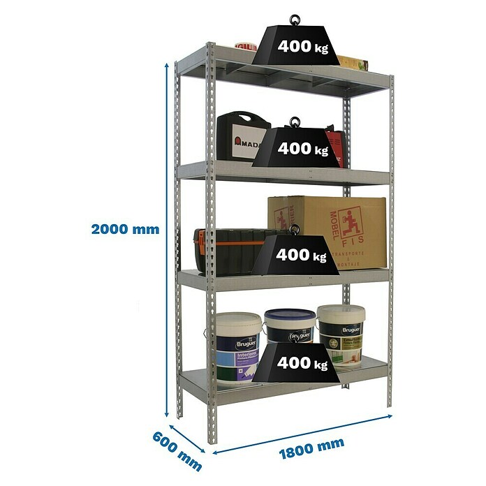 Simonrack Simontaller Metall-Schwerlastregal (L x B x H: 60 x 180 x 200 cm, Traglast: 400 kg/Boden, Anzahl Böden: 4 Stk., Silber)