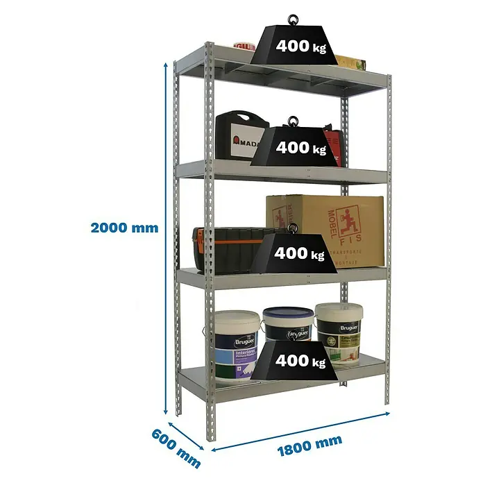 Simonrack Simontaller Schwerlastregal Ecoforte Metall - H x B x T: 200 x 180 x 60 cm, Traglast pro Boden: 400 kg, Anzahl Böden: 4 Stk., Stecken, Silber - Aufnahme eines Schwerlastregals mit fünf Ablagen, gekennzeichnet mit Gewichtsangaben, die die Tragfähigkeit demonstrieren.