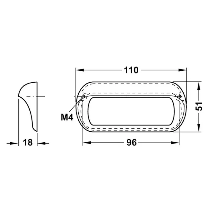 Häfele Tirador para muebles - Tipo de tirador del mueble: Concha, L x An x Al: 18 x 110 x 51 mm, Cromado - Dibujo técnico de un tirador rectangular para muebles con esquinas redondeadas y dimensiones de 110 x 51 mm.