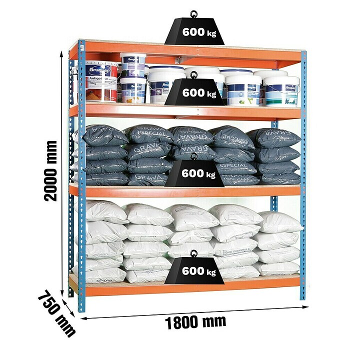Simonrack Simontaller Schwerlastregal Simonforte Chipboard (H x B x T: 200 x 180 x 75 cm, Traglast pro Boden: 600 kg, Anzahl Böden: 4 Stk., Stecken, Blau/Orange) | BAUHAUS