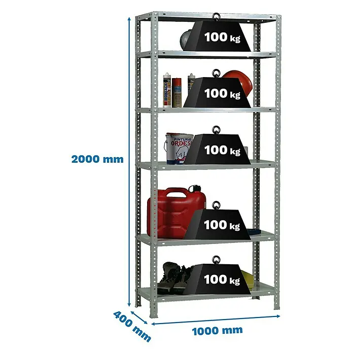 Simonrack Simonclassic Metallregal Comfort Plus - H x B x T: 200 x 100 x 40 cm, Traglast pro Boden: 100 kg, Anzahl Böden: 6 Stk., Schrauben, Silber - Bild eines robusten Metallregals mit fünf Ebenen, jede belastbar mit 100 kg, ideal für Werkstatt oder Lager.