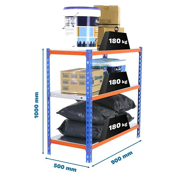 Simonrack Simonclick Metallregal Simonclick Plus - H x B x T: 100 x 90 x 50 cm, Traglast pro Boden: 180 kg, Anzahl Böden: 3 Stk., Stecken, Blau/Orange/Silber - Abbildung eines stabilen Regals mit vier Ebenen, das mit verschiedenen Gegenständen und Gewichten von je 180 kg belastet ist.