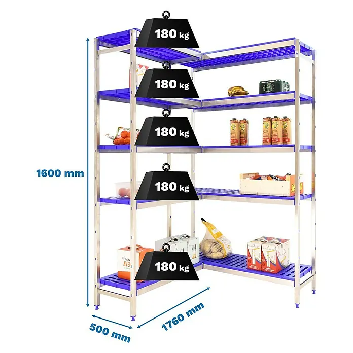Simonrack Simoninox Abschlussregal - H x B x T: 160 x 176 x 50 cm, Traglast pro Boden: 180 kg, Anzahl Böden: 5 Stk., Stecken, Material Boden: Kunststoff - Das Bild zeigt ein robustes, mehrstöckiges Lagerregal mit blauen Kunststoffböden und stabilen Metallrahmen, das mit Gewichten belastet ist.