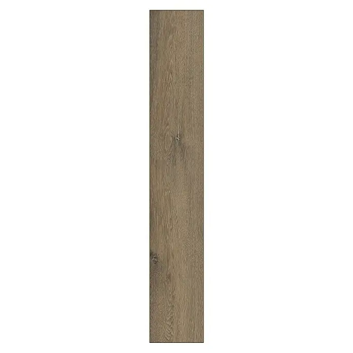 Krono Original Vinylboden Rocko Classic - Bourbon Cask, Landhausdiele, 1.210 x 192 x 5 mm - Detailaufnahme einer einzelnen, länglichen Laminatdiele in Braun mit deutlicher Holzmaserung und Astlöchern.