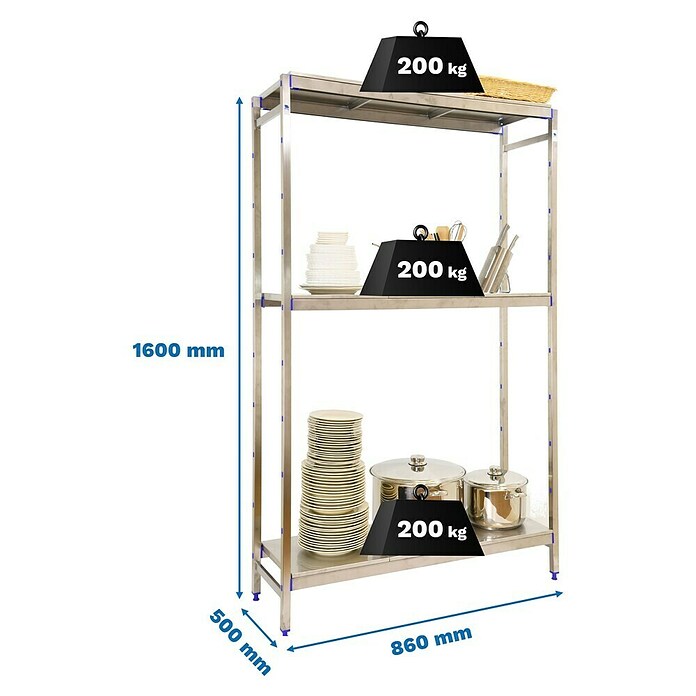 Simonrack Simoninox Metallregal Grundelement (H x B x T: 160 x 86 x 50 cm, Traglast pro Boden: 200 kg, Anzahl Böden: 3 Stk., Stecken, Material Boden: Edelstahl) | BAUHAUS