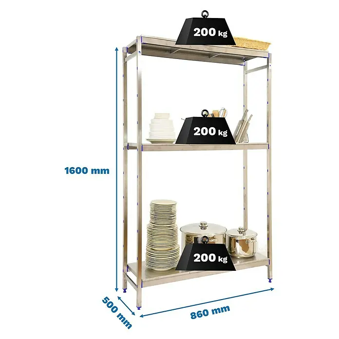 Simonrack Simoninox Metallregal Grundelement - H x B x T: 160 x 86 x 50 cm, Traglast pro Boden: 200 kg, Anzahl Böden: 3 Stk., Stecken, Material Boden: Edelstahl - Abbildung eines robusten, dreistöckigen Edelstahlregals mit Gewichtsangabe, ideal für Gastronomie oder Lagerung mit den Maßen 1600x860x500 mm.
