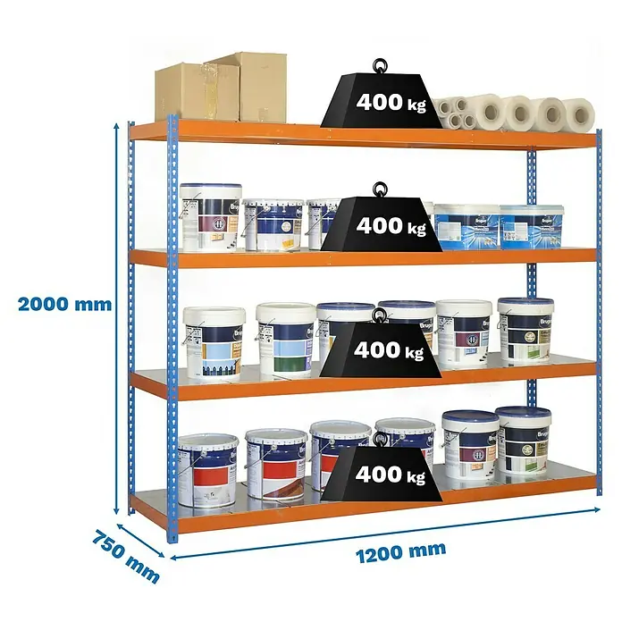 Simonrack Ecoforte Metallregal Ecoforte Metall - H x B x T: 200 x 120 x 75 cm, Traglast pro Boden: 400 kg, Anzahl Böden: 4 Stk., Stecken, Blau/Orange - Schwerlastregal mit vier Ebenen, belastbar bis 400 kg pro Ebene, ideal für Lager und Werkstatt. Robust und vielseitig.