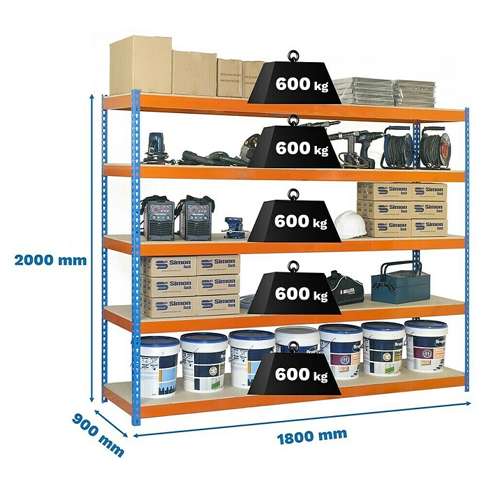 Simonrack Simontaller Metall-Schwerlastregal (L x B x H: 90 x 180 x 200 cm, Traglast: 600 kg/Boden, Anzahl Böden: 5 Stk.)