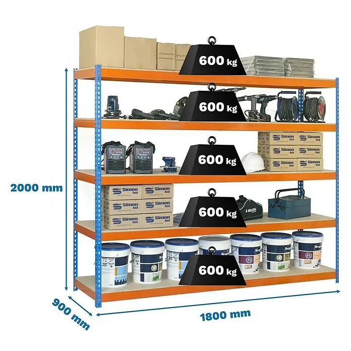Simonrack Simonforte Schwerlastregal Simonforte Chipboard - H x B x T: 200 x 180 x 90 cm, Traglast pro Boden: 600 kg, Anzahl Böden: 5 Stk., Stecken, Blau/Orange - Abbildung eines Schwerlastregals mit fünf Ebenen, gefüllt mit verschiedenen Gegenständen und Gewichten.