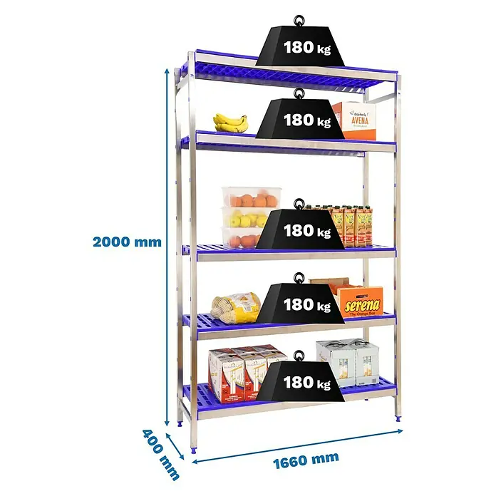 Simonrack Simoninox Metallregal Grundelement - H x B x T: 200 x 166 x 40 cm, Traglast pro Boden: 180 kg, Anzahl Böden: 5 Stk., Stecken, Material Boden: Kunststoff - Ein Regal mit fünf Ebenen, beladen mit verschiedenen Lebensmitteln und Gewichtsangaben.