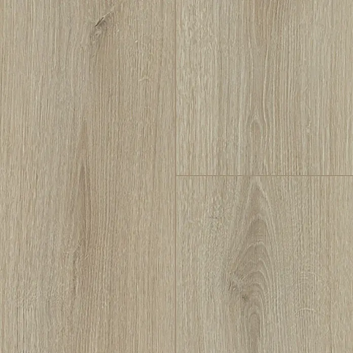 Krono Original Laminat Atlantic 8 - Ecru Cantal Oak, Landhausdiele, 1.288 x 195 x 8 mm - Nahaufnahme von vier hellen, holzartigen Vinylbodenfliesen, die eine natürliche Holzoptik mit subtilen Maserungen zeigen.