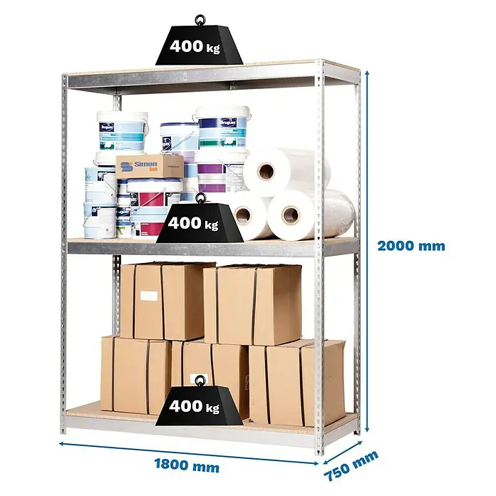 Simonrack Simontaller Schwerlastregal Ecoforte Chipboard - H x B x T: 200 x 180 x 75 cm, Traglast pro Boden: 400 kg, Anzahl Böden: 3 Stk., Stecken, Silber - Abbildung eines Schwerlastregals mit drei Böden, beladen mit verschiedenen Gegenständen und Gewichtsangaben.