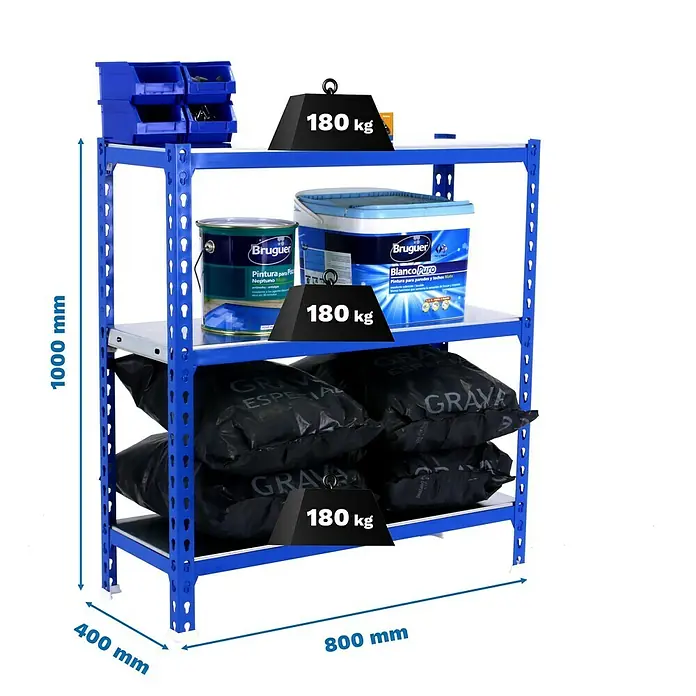 Simonrack Simonclick Metallregal Simonclick Mini - H x B x T: 100 x 80 x 40 cm, Traglast pro Boden: 180 kg, Anzahl Böden: 3 Stk., Stecken, Blau/Silber - Abbildung eines blauen Schwerlastregals mit drei Ebenen, beladen mit Farbe, Säcken und Werkzeugkästen, mit Gewichtsangaben.