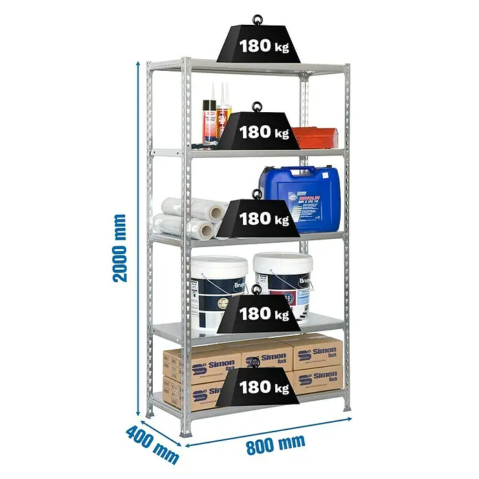 Simonrack Simonclick Metallregal Simonclick Mini - H x B x T: 180 x 80 x 40 cm, Traglast pro Boden: 180 kg, Anzahl Böden: 5 Stk., Stecken, Grau/Grau - Abbildung eines Schwerlastregals mit fünf Böden, das jeweils mit einem Gewicht von 180 kg belastet ist und die Maße 2000 mm x 800 mm x 400 mm hat.