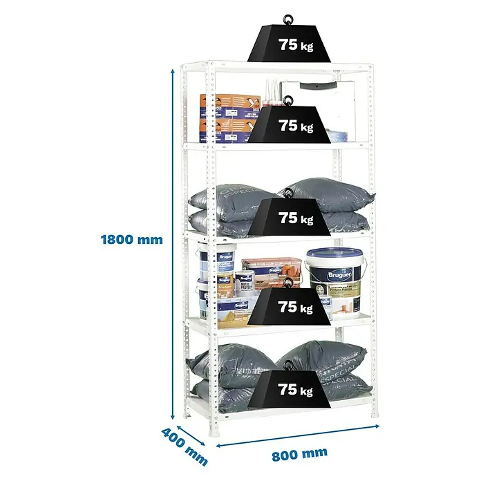 Simonrack Simonclassic Metallregal Advantage Mini - H x B x T: 180 x 80 x 30 cm, Traglast pro Boden: 75 kg, Anzahl Böden: 5 Stk., Schrauben, Weiß - Bild eines weißen Metallregals mit fünf Ebenen, beladen mit Farbdosen, Säcken und Behältern, wobei jede Ebene mit 75 kg belastet ist.
