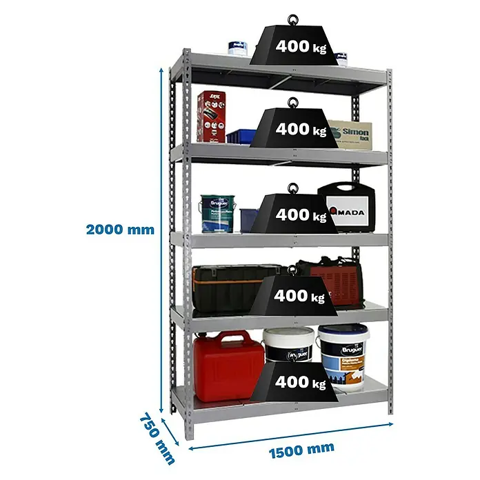 Simonrack Simontaller Schwerlastregal Ecoforte Metall - H x B x T: 200 x 150 x 75 cm, Traglast pro Boden: 400 kg, Anzahl Böden: 5 Stk., Stecken, Silber - Abbildung eines Schwerlastregals mit fünf Ebenen, das jeweils mit 400 kg belastbar ist. Die Maße des Regals sind 2000 mm hoch, 1500 mm breit und 750 mm tief.