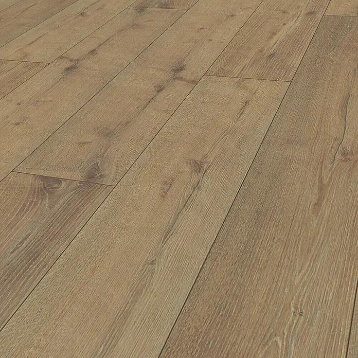 Krono Original Laminat Altitude - Sepia Tegernsee Oak, Landhausdiele, 2.003 x 245 x 12 mm - Ansicht von Holzdielen Laminatboden in warmen Farbtönen, der eine natürliche und robuste Optik vermittelt.
