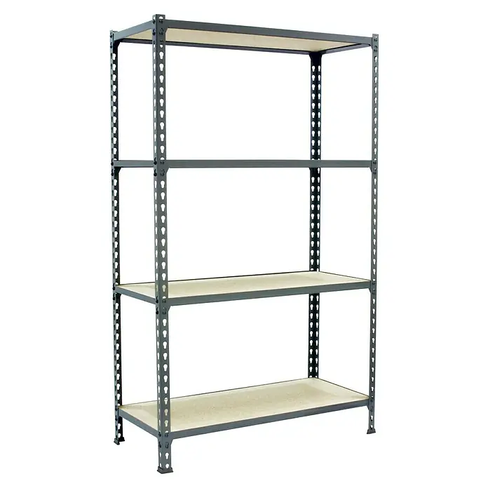 Simonrack Maderclick Metallregal Maderclick MegaPlus - H x B x T: 150 x 120 x 40 cm, Traglast pro Boden: 200 kg, Anzahl Böden: 4 Stk., Stecken, Grau - Ein Metallregal mit vier grauen Regalböden und einem robusten Rahmen bietet viel Stauraum und ist ideal für Lager und Keller.