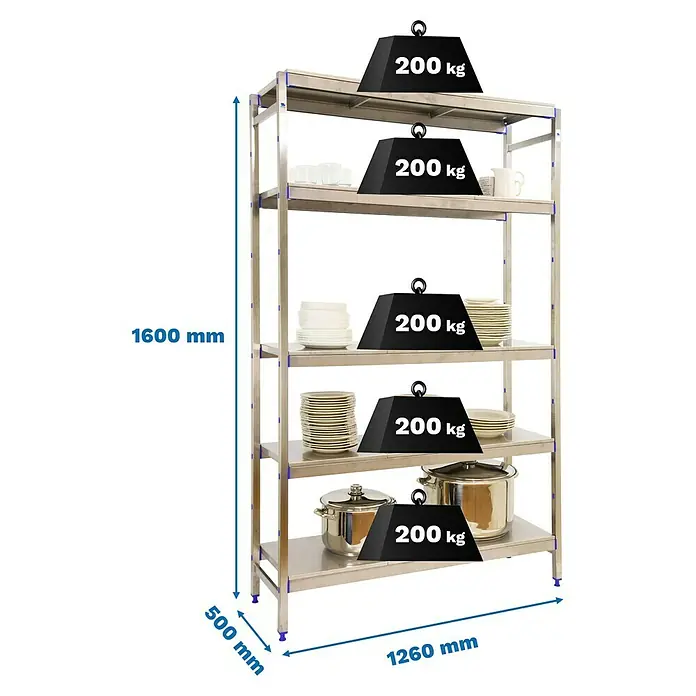 Simonrack Simoninox Metallregal Grundelement - H x B x T: 160 x 126 x 50 cm, Traglast pro Boden: 200 kg, Anzahl Böden: 5 Stk., Stecken, Material Boden: Edelstahl - Edelstahlregal mit fünf Ebenen und Gewichtsangaben, ideal für Gastronomie oder Lager.