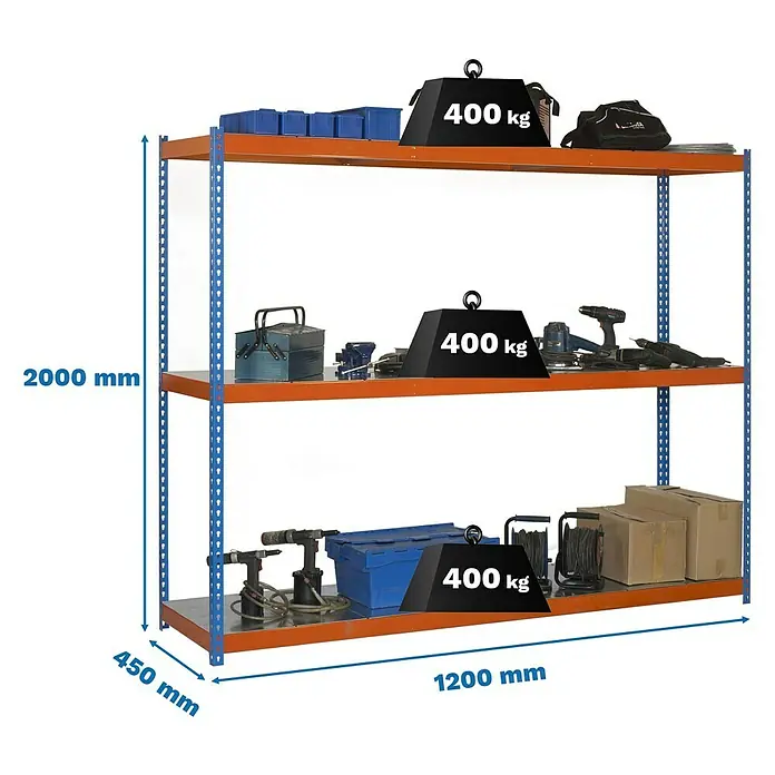 Simonrack Ecoforte Metallregal Ecoforte Metall - H x B x T: 200 x 120 x 45 cm, Traglast pro Boden: 400 kg, Anzahl Böden: 3 Stk., Stecken, Blau/Orange - Regal mit drei Ebenen, belastbar mit je 400 kg, ideal für Werkstatt oder Lager zur geordneten Aufbewahrung von Werkzeugen und Materialien.