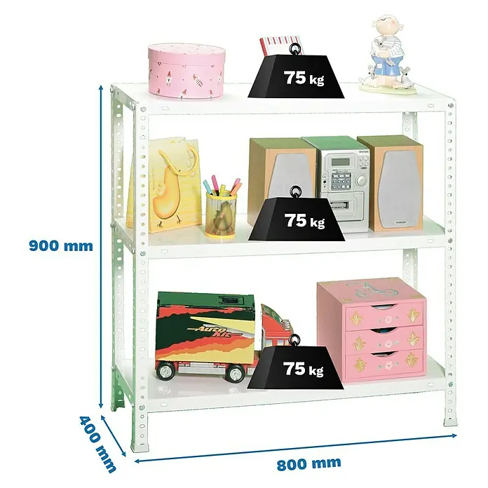 Simonrack Simonclassic Metallregal Advantage Mini - H x B x T: 90 x 80 x 40 cm, Traglast pro Boden: 75 kg, Anzahl Böden: 3 Stk., Schrauben, Weiß - Dreistufiges Regal mit einer Tragfähigkeit von 75 kg pro Ebene, ideal zur Aufbewahrung verschiedenster Gegenstände in Ihrem Zuhause.
