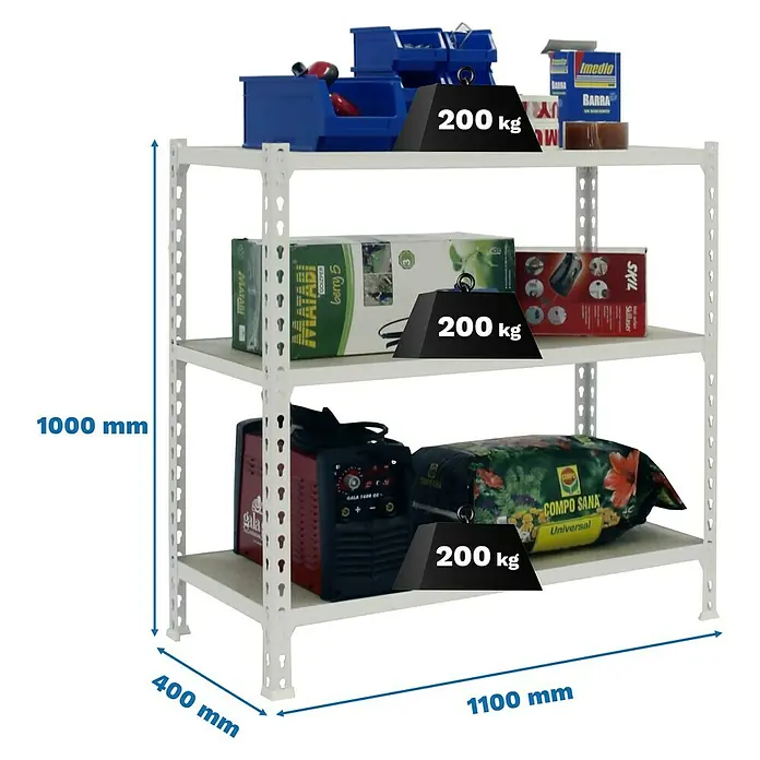 Simonrack Maderclick Metallregal Maderclick SuperPlus - H x B x T: 100 x 110 x 40 cm, Traglast pro Boden: 200 kg, Anzahl Böden: 3 Stk., Stecken, Weiß - Regal mit drei Ebenen, beladen mit Werkzeug und Zubehör, Maße sind sichtbar.