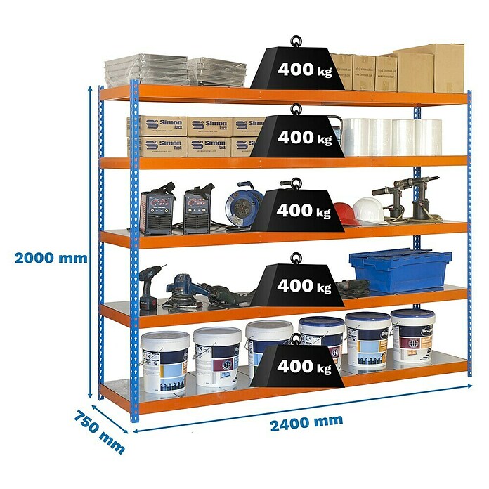 Simonrack Simontaller Schwerlastregal Simonforte Metall (H x B x T: 200 x 240 x 75 cm, Traglast pro Boden: 400 kg, Anzahl Böden: 5 Stk., Stecken, Blau/Orange/Silber) | BAUHAUS
