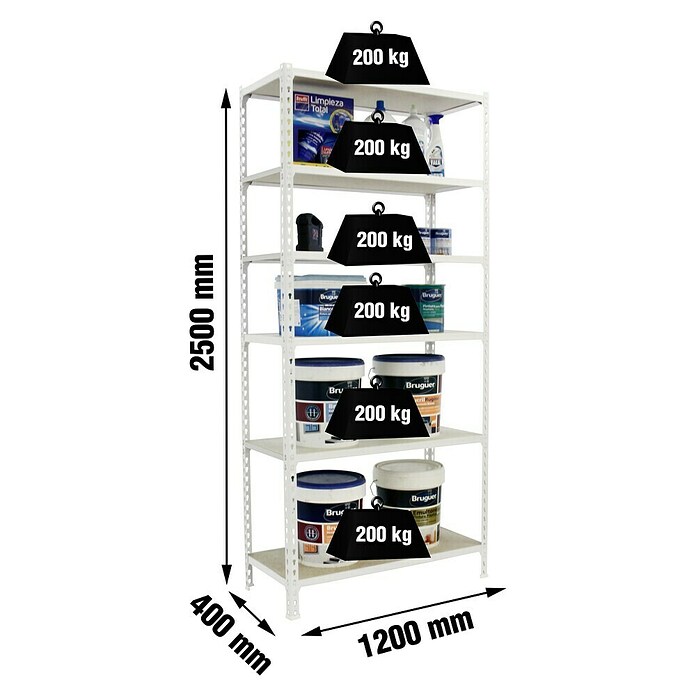 Simonrack Maderclick Metallregal Maderclick MegaPlus (H x B x T: 250 x 120 x 40 cm, Traglast pro Boden: 200 kg, Anzahl Böden: 6 Stk., Stecken, Weiß) | BAUHAUS