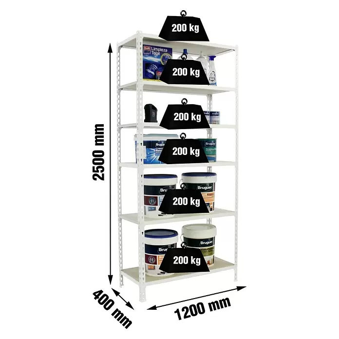 Simonrack Maderclick Estantería metálica Megaplus - Al x An x Pr: 250 x 120 x 40 cm, Capacidad de carga por balda: 200 kg, Número de baldas: 6 ud., Inserción, Blanco/Madera - Estantería metálica blanca, 2500x1200x400mm, con seis estantes, cada uno soportando 200 kg. Contiene pinturas y limpieza.