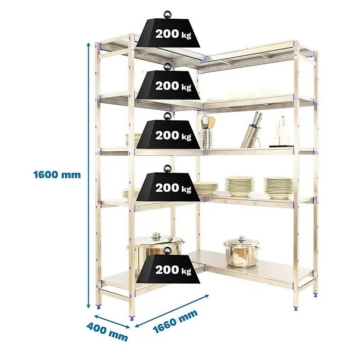 Simonrack Simoninox Abschlussregal - H x B x T: 160 x 166 x 40 cm, Traglast pro Boden: 200 kg, Anzahl Böden: 5 Stk., Stecken, Material Boden: Metall - Bild eines robusten Eckregals aus Edelstahl mit Gewichtsangaben, ideal für die Lagerung in Gastronomie und Gewerbe.