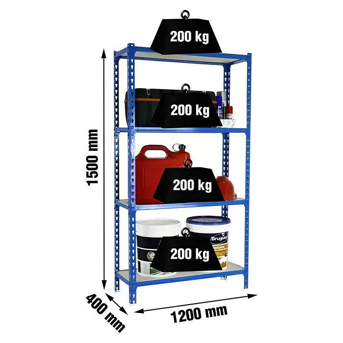 Simonrack Maderclick Estantería metálica Megaplus - Al x An x Pr: 150 x 120 x 40 cm, Capacidad de carga por balda: 200 kg, Número de baldas: 4 ud., Inserción, Azul - Estantería metálica azul con 4 baldas, 1500x1200x400mm, cada balda soporta hasta 200 kg.