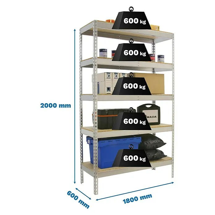 Simonrack Simonforte Schwerlastregal Simonforte Chipboard - H x B x T: 200 x 180 x 60 cm, Traglast pro Boden: 600 kg, Anzahl Böden: 5 Stk., Stecken, Silber - Bild eines Schwerlastregals mit fünf Ablagen, beladen mit diversen Gegenständen und Gewichten, die die Belastbarkeit von 600 kg pro Ebene demonstrieren.
