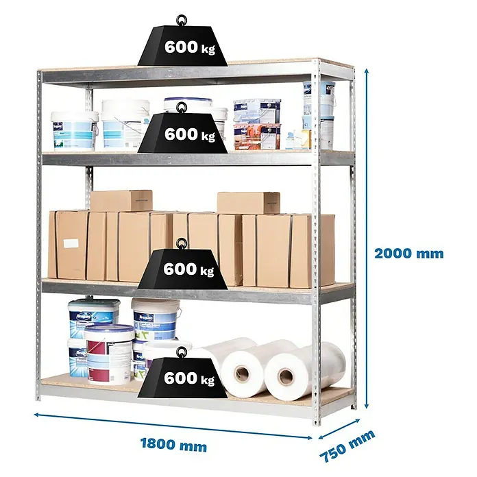 Simonrack Simonforte Schwerlastregal Simonforte Chipboard - H x B x T: 200 x 180 x 75 cm, Traglast pro Boden: 600 kg, Anzahl Böden: 4 Stk., Stecken, Silber - Regal mit vier Ablagen, beladen mit Farbeimern, Kartons und Folienrollen. Jede Ablage ist mit 600 kg belastbar.