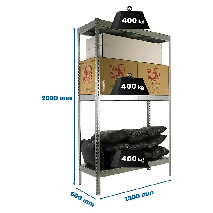 Simonrack Simontaller Schwerlastregal Ecoforte Metall - H x B x T: 200 x 180 x 60 cm, Traglast pro Boden: 400 kg, Anzahl Böden: 3 Stk., Stecken, Silber - Ein robustes Lagerregal mit drei Ebenen, beladen mit Kartons und Säcken, gekennzeichnet mit Gewichtsangaben.