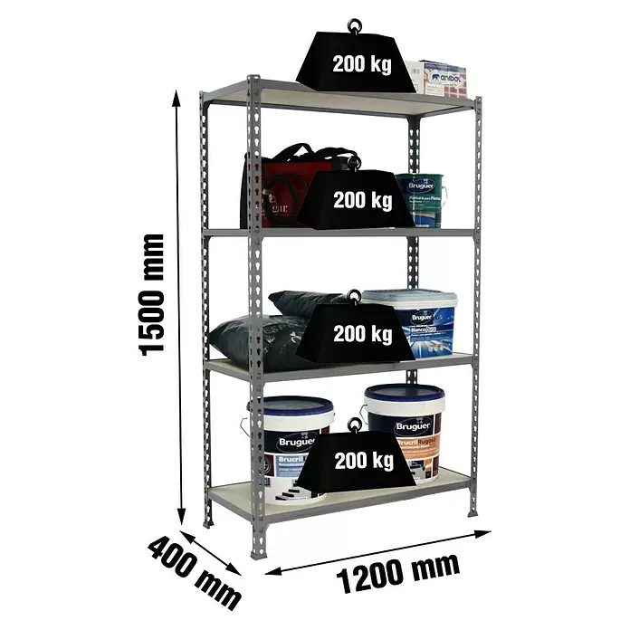 Simonrack Maderclick Estantería metálica Megaplus - Al x An x Pr: 150 x 120 x 40 cm, Capacidad de carga por balda: 200 kg, Número de baldas: 4 ud., Inserción, Gris - Estantería metálica gris con 4 baldas, 1500x1200x400 mm, 200 kg de carga por balda.
